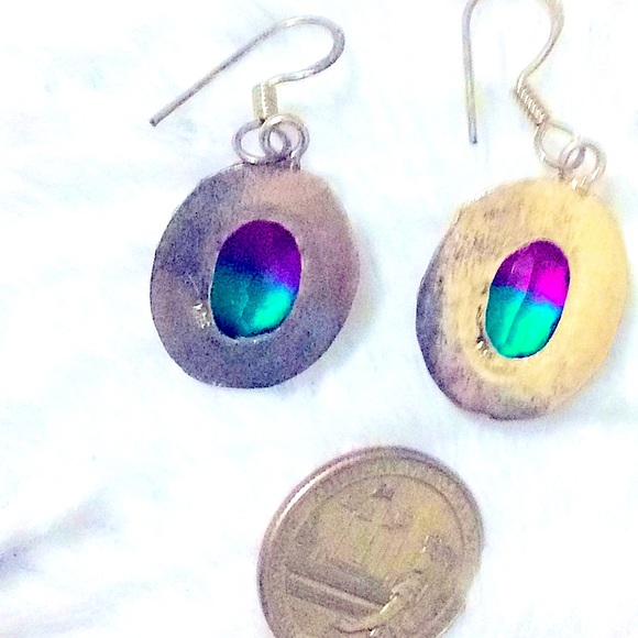 Bi-color tourmaline earring pierce sterling India Tribal Artisan one of a kind - Picture 3 of 4